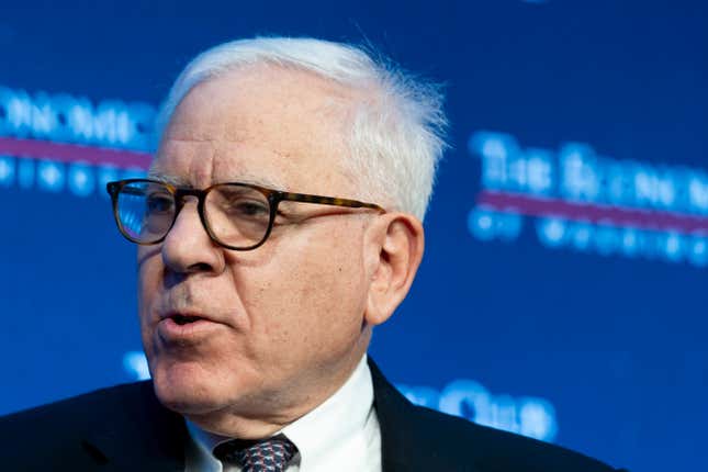 FILE - David Rubenstein speaks during an interview hosted by the Economic Club of Washington, Wednesday, Dec. 13, 2023, in Washington. Rubenstein&#39;s purchase of the Baltimore Orioles was approved Wednesday by Major League Baseball owners, clearing the way for the Angelos family to finalize the sale after over three decades running the team. (AP Photo/Stephanie Scarbrough, File)