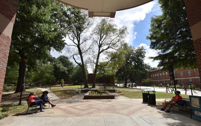 FILE - In this Sept. 26, 2018, file photo, students sit on the campus of Spelman College in Atlanta. A collaborative of 40 historically Black colleges and universities has received a gift of $124 million from Blue Meridian Partners, a philanthropic collaborative. The new funding announced Wednesday, Sept. 13, 2023 will be used to increase enrollment, increase graduation rates and improve the employment rate of the schools&#39; graduates. (Hyosub Shin/Atlanta Journal-Constitution via AP, File)