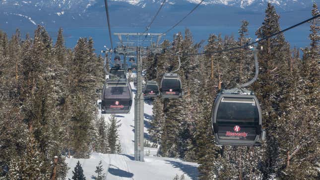 Though snow conditions at the top of Heavenly Mountain Resort are good, skiers are noticing a number of dry spots as they venture up the gondola on April 15, 2021, in South Lake Tahoe, California.