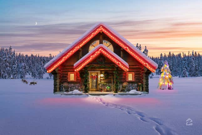 Rendering of a log-cabin-type home in the North Pole tundra with a lit Christmas tree and reindeer in the snow and trees