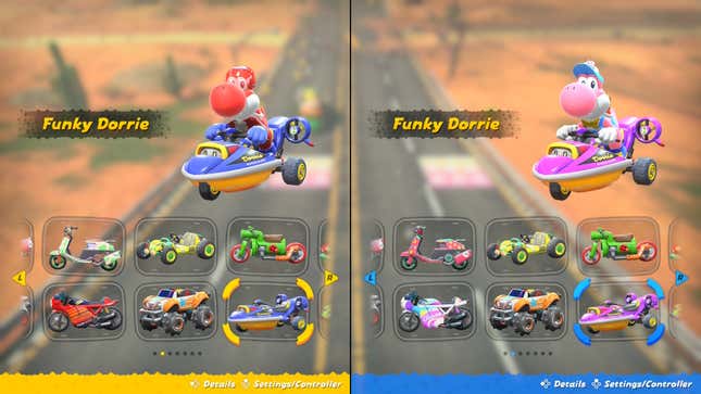 A Red and Pink Yoshi on different-colored Funky Dorries.