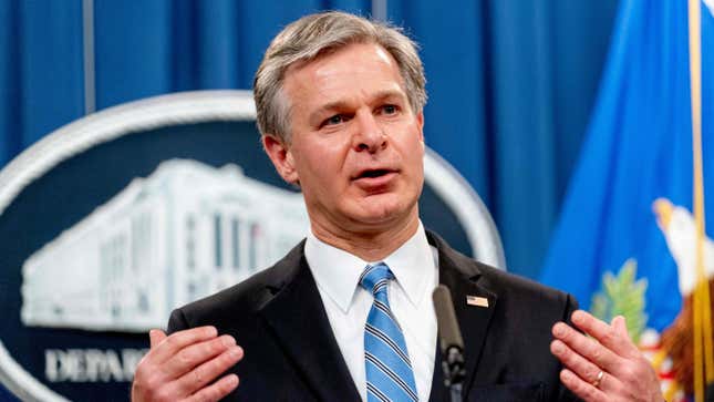 FBI Director Christopher Wray speaks at a news conference at the Justice Department in Washington, Monday, Nov. 8, 2021.