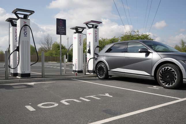 A Hyundai Ioniq charges on April 26, 2022, in Leeds, England. 