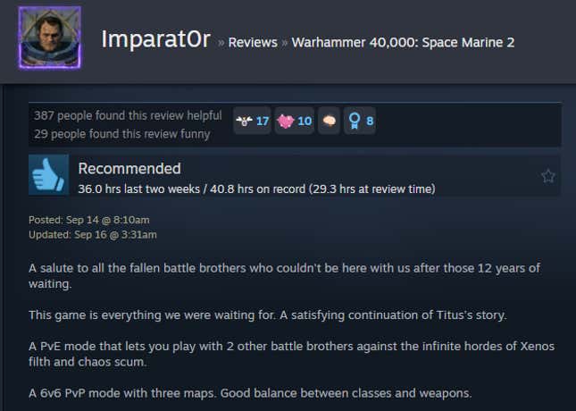 Image from an article titled Warhammer 40,000: Space Marine 2, as stated in a Steam review