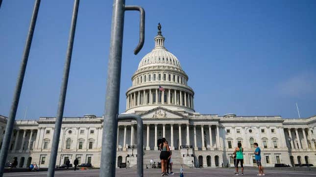 The U.S. Capitol is seen through movable bike rack fencing on September 13, 2021 in Washington, DC. U.S. Capitol Police Chief J. Thomas told reporters after a classified briefing that temporary fencing around the Capitol Building would go up ahead of the Justice for J6&quot; rally, which is expected to draw people calling on justice for those arrested after the violent insurrection on January 6th.