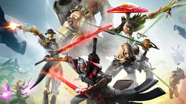 Battleborn artwork depicting several of the game's playable heroes, including a two-sword-wielding vampire and a robo-butler sniper.