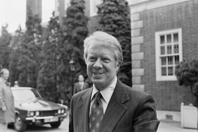  Jimmy Carter arrives at Winfield House for his stay during the Economic Summit, London, UK, 7th May 1977. 