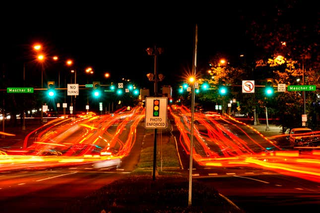 FILE - This long exposure photo shows traffic driving on Roosevelt Boulevard in Philadelphia, Wednesday, May 25, 2022. Traffic fatalities dropped 3.3% in the first half of the year compared with the prior-year period, according to the National Highway Traffic Safety Administration. The agency said Thursday, Sept. 28, 2023, that an estimated 19,515 people died in motor vehicle traffic crashes in the first half of 2023. There were 20,190 fatalities in the first half of 2022.(AP Photo/Matt Rourke)