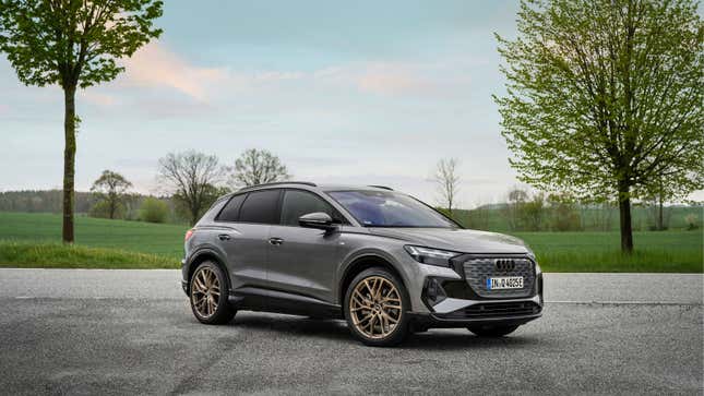 A photo of a silver Audi Q4 E-Tron SUV. 