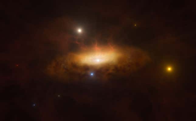 Merkezinde süper kütleli bir kara delik olan galaksinin birikim diskinin bir çizimi.
