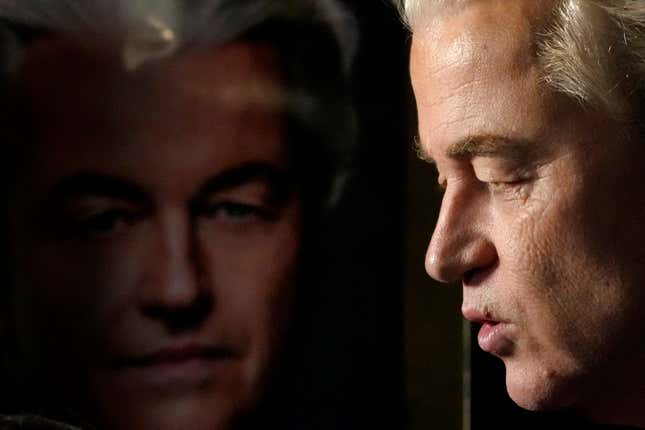 FILE - Geert Wilders, leader of the Party for Freedom, known as PVV, answers questions to the media after announcement of the first preliminary results of general elections in The Hague, Netherlands, Wednesday, Nov. 22, 2023. Voters across the Netherlands have veered far to the right politically. The shift has been triggered by economic and cultural anxieties that have whipped up fears about immigrants. It&#39;s an extreme example of a trend being felt across the continent that could tilt the outcome of this year&#39;s European Union parliamentary election. (AP Photo/Peter Dejong, File)