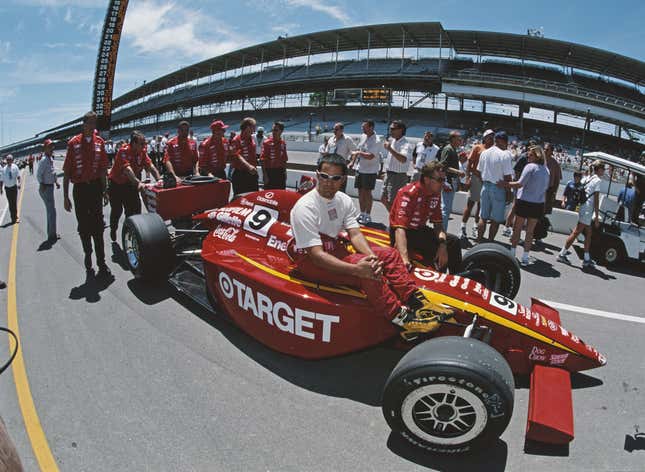 Juan Pablo Montoya of Colombia sits aboard the #9 Target Chip Ganassi Racing G-Force GF05a Oldsmobile before the start of the 2000 Indy Racing League Northern Lights Series 84th running of the Indianapolis 500 on 28 May 2000 at the Indianapolis Motor Speedway in Speedway,Indiana United States