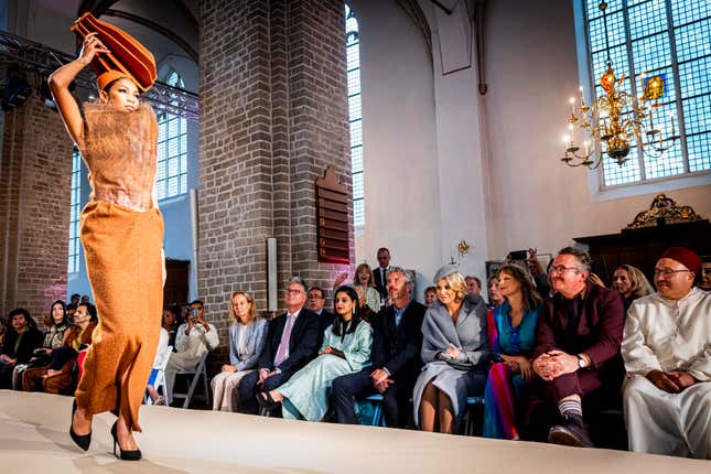 Queen Maxima of The Netherlands watches the opening of the exhibition MODA - Moroccan Fashion Statements at the Centraal Museum on Oct. 2, 2024, in Utrecht, Netherlands. 