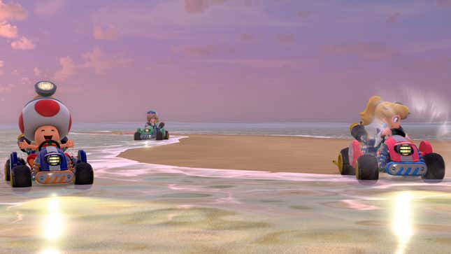 Toad, Rosalina, and Peach race in different colored Standard Karts.