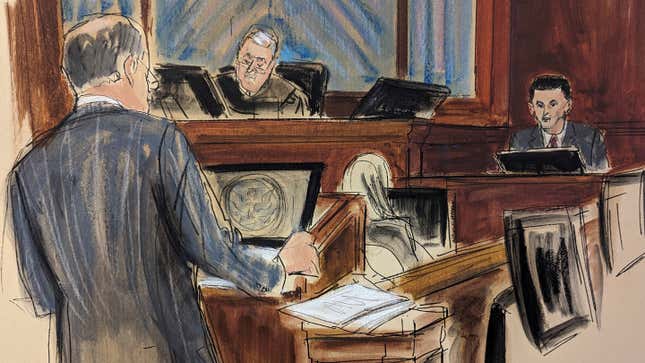 In this courtroom sketch, FTX founder Sam Bankman-Fried, right, is questioned by his attorney, Mark Cohen, left, as Judge Lewis Kaplan listens on the bench, center, during his trial in Manhattan federal court, Thursday, Oct. 26, 2023, in New York. (Elizabeth Williams via AP)