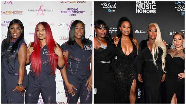 Tamara ‘Taj’ Johnson-George, left; Leanne ‘Lelee’ Lyons and Cheryl ‘Coko’ Gamble of SWV. Tamika Scott, Kandi Burruss, LaTocha Scott, and Tameka “Tiny” Harris of Xscape