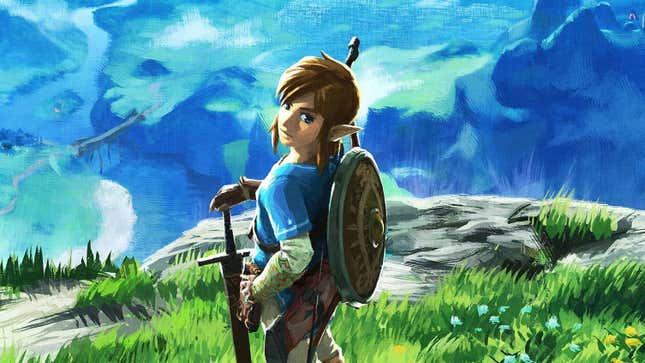 Link stands on a cliff with his sword stabbed into the ground.
