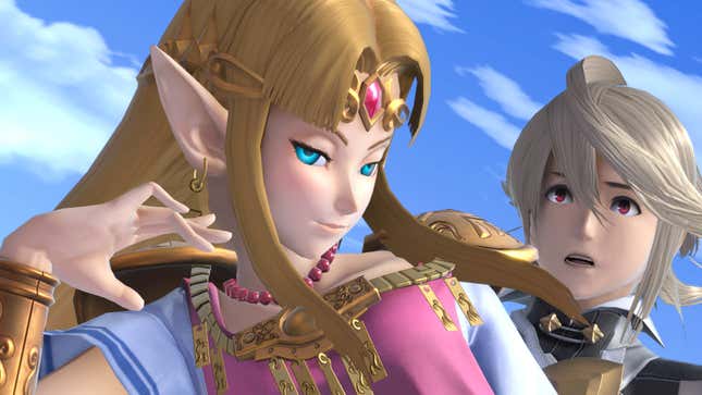 Zelda is serving the camera face while Corrin is looking...petrified or something?