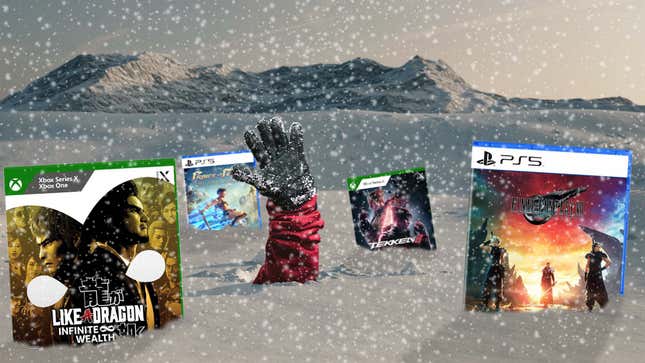 An image shows a skier buried under snow and big new video games. 