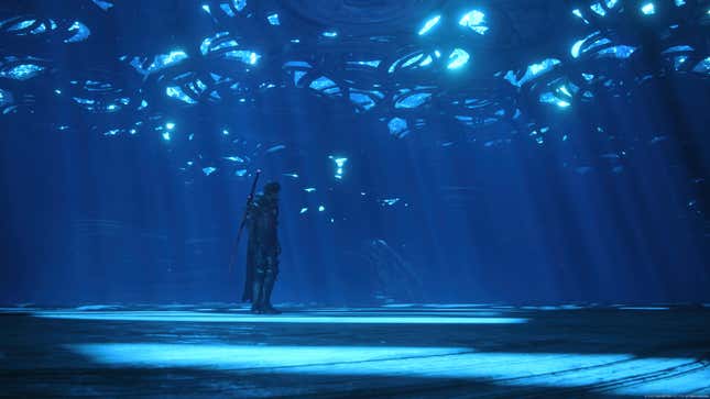 Clive is seen in an environment filled with blue light.