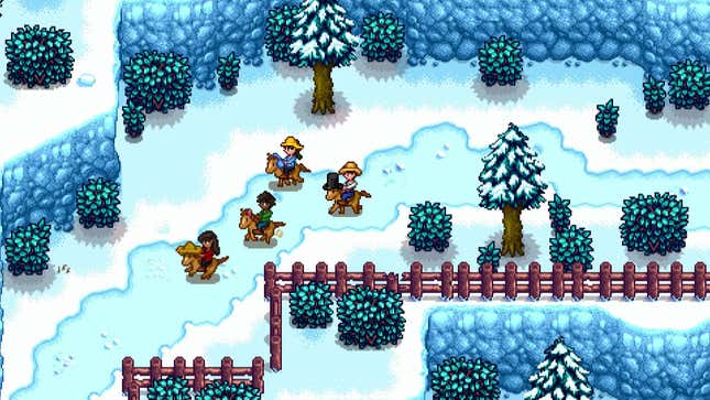 A screenshot of Stardew Valley players riding horses in a snow biome.