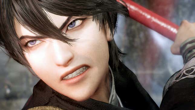 A screenshot of Dynasty Warriors: Origins. The image is zoomed in on the protagonist’s face as he uses his ultimate ability.