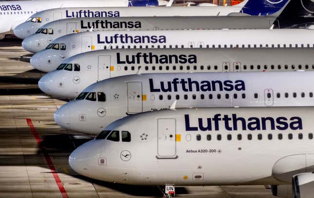 FILE - Lufthansa aircrafts are parked at the airport in Frankfurt, Germany, Wednesday, Feb. 7, 2024. A union has called on ground staff for Lufthansa at seven German airports to walk off the job for a day on Tuesday, following a similar strike earlier this month. The Ver.di union said Sunday that the strike will affect Frankfurt and Munich, Lufthansa&#39;s two main hubs, as well as Berlin, Duesseldorf, Hamburg, Cologne-Bonn and Stuttgart. (AP Photo/Michael Probst, File)