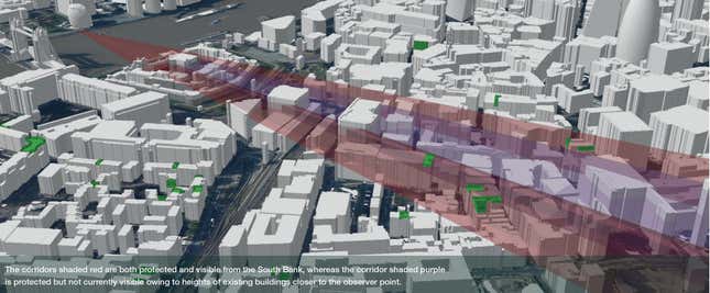 The corridors shaded red are both protected and visible from the South Bank, whereas the corridor shaded purple is protected but not currently visible owing to heights of existing buildings closer to the observer point.