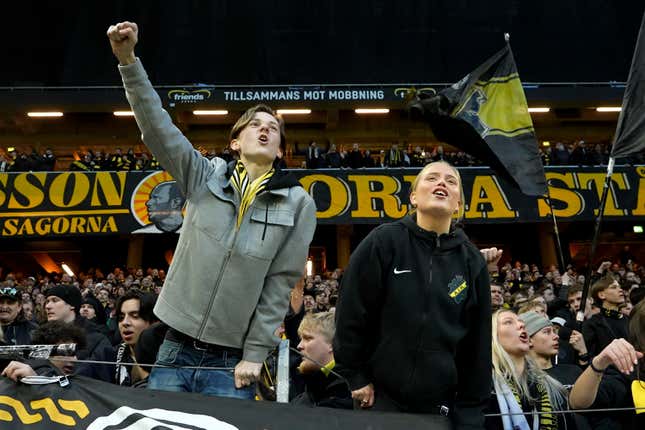 Image taken from video shows AIK fans celebrate after their team scored the first goal during the AIK against Värnamo Allsvenskan soccer match at the Friends Arena in Stockholm in Stockholm on April 24, 2024.Swedish soccer has adopted an isolationist stance in eschewing technology to retain a pure version of the beautiful game. Sweden is the only one of Europe&#39;s top-30 ranked leagues yet to have rolled out VAR in its domestic competitions. (AP Photo/Chisato Tanaka)