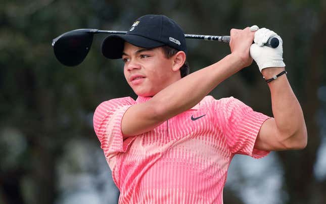 Dec 17, 2022; Orlando, Florida, USA;  Charlie woods hits his tee shot on the 10th hole during the first round of the PNC Championship golf tournament at Ritz Carlton Golf Club Grande Lakes Orlando Course.