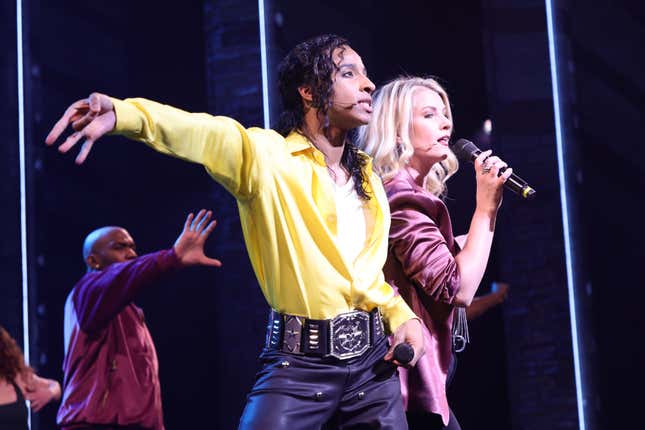 (L-R) Myles Frost and Whitney Bashor take part in the curtain call following “MJ” The Michael Jackson Musical Opening Night at Neil Simon Theatre on February 01, 2022 in New York City. (Photo by Michael Loccisano/Getty Images)