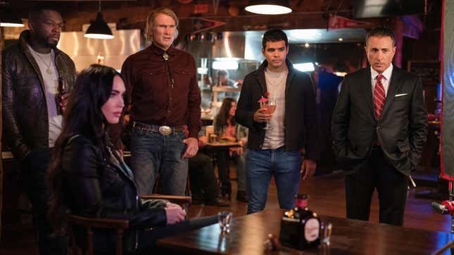From left: 50 Cent, Megan Fox, Dolph Lundgren, Jacob Scipio, and Andy Garcia in Expen4ables