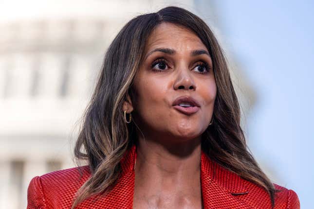 Halle Berry arrives speaks during a news conference on bipartisan legislation to raise federal research on menopause and women’s midlife health, outside the U.S. Capitol on Thursday, May 2, 2024.