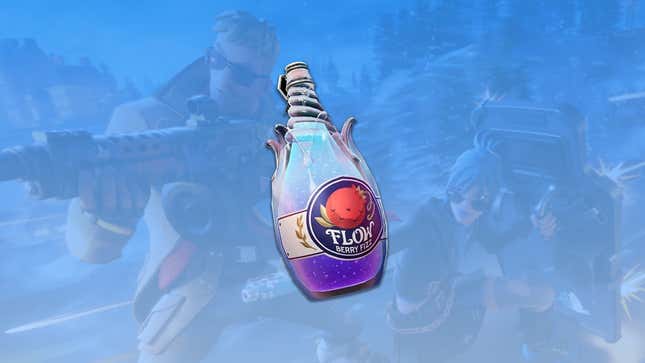 A bottle of Flowberry Fizz is positioned over a man and a woman engaged in a gun fight.