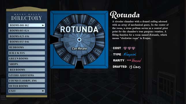 A screenshot from the Directory menu in Blue Prince. The Rotunda is selected.