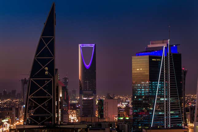 lit up towers in riyadh, saudi arabia