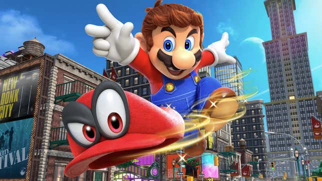 Mario tosses his cap while leaping enthusiastically on a New Donk City street in a promotional image for Super Mario Odyssey.