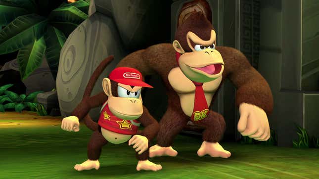 Donkey Kong and a smaller ape in a baseball cap stand in a jungle.