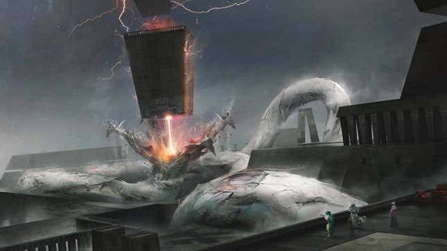 Concept art shows a giant floating platform blast through an alien worm's mouth with a laser.