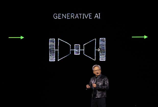 Jensen Huang speaking in front of a backdrop that says Generative AI and a graphic