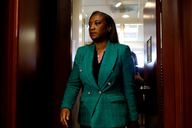 WASHINGTON, DC - NOVEMBER 01: Sen. Laphonza Butler (D-CA) arrives to a press conference on the recent election of U.S. Speaker of the House Mike Johnson (R-LA) at the U.S. Capitol Building on November 01, 2023 in Washington, DC. Senate Democrats held the press conference to discuss Johnson’s voting history regarding women’s access to abortion and the rights of the LGBTQ community. 