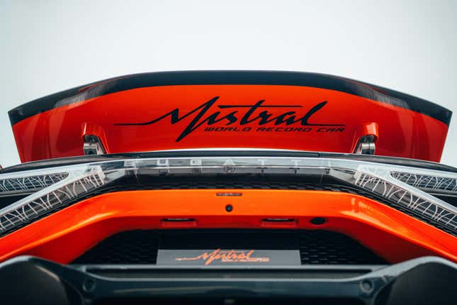 Rear wing detail of the black and orange Bugatti W16 Mistral World Record Car