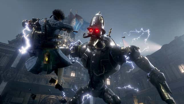 The Scrapped Watchman (the third main boss in the game) captures the Lies of P player character P in the open courtyard.