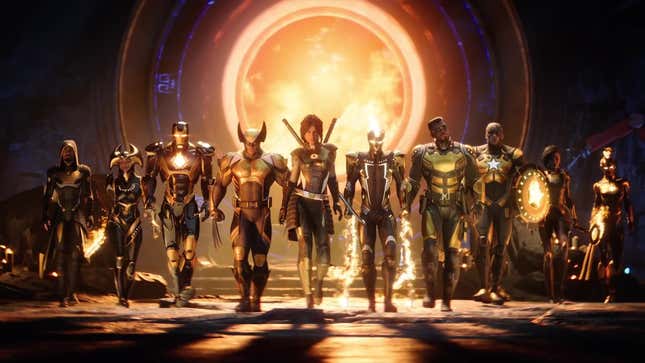 An image shows multiple Marvel superheroes walking together out of a portal. 