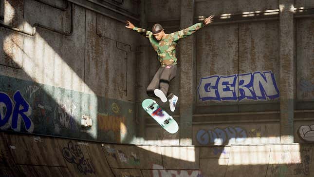 An image of a skater in Tony Hawk's Pro Skater 1+2 performing either a 360 flip or varial kickflip in a warehouse.