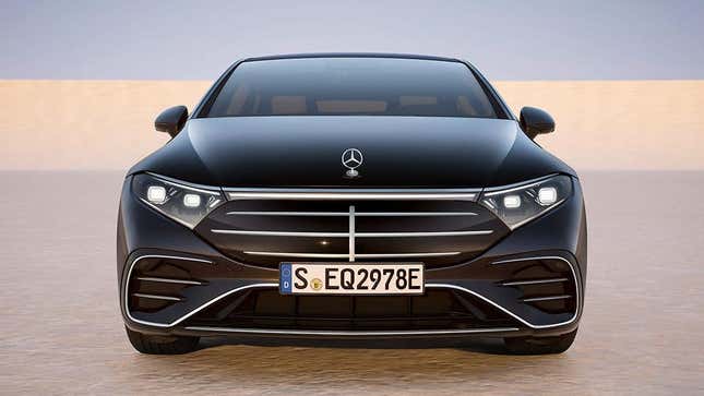A photo of the new Mercedes Benz EQS with its hood ornament