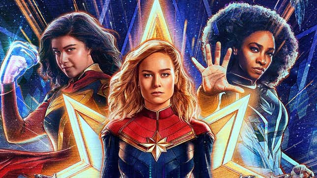 Iman Vellani, Brie Larson, and Teyonah Parris in a poster for The Marvels.