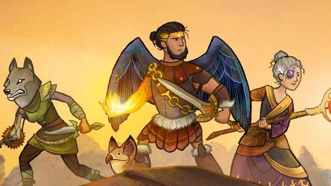 A group of Wildermyth characters stands ready for battle.