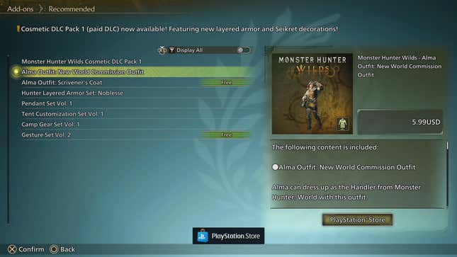 The Recommended tab in the Add-Ons menu, highlighting Alma’s New World Commission Outfit.