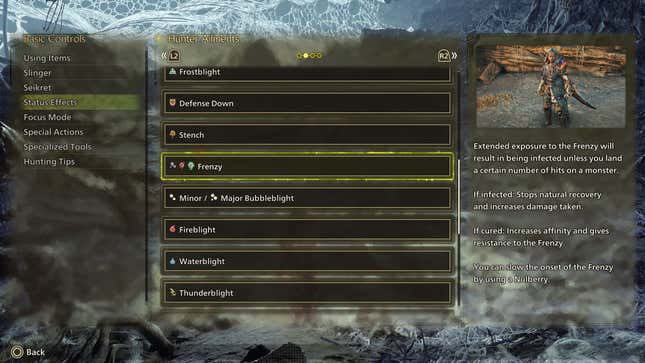 The Hunter Ailments screen, highlighting how Frenzy works.